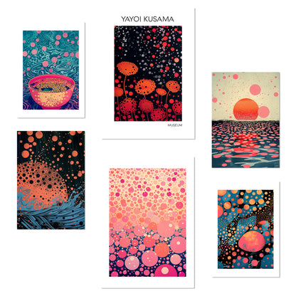 Set de 6 pósters estilo pop art japonés con ilustraciones de puntos y olas inspiradas en Yayoi Kusama en tonos rosa, naranja y azul para hogar moderno o tienda, 2 grandes y 4 medianos