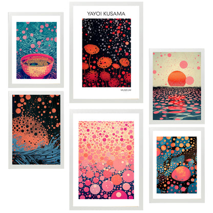 Set de 6 pósters estilo pop art japonés con ilustraciones de puntos y olas inspiradas en Yayoi Kusama en tonos rosa, naranja y azul para hogar moderno o tienda, 2 grandes y 4 medianos