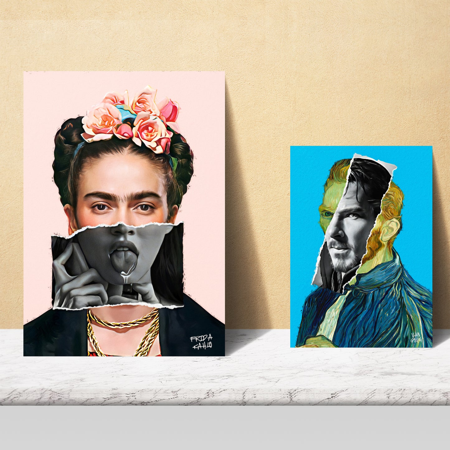 Lámina Pop Art de Frida, Van Gogh y Mona Lisa