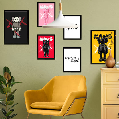 Set de 6 pósters Kaws modernos para pared estilo urbano pop art en colores rosa, negro, rojo y amarillo – ideal para salón, oficina o tienda – muñecos Kaws, frases atrevidas, diseño contemporáneo
