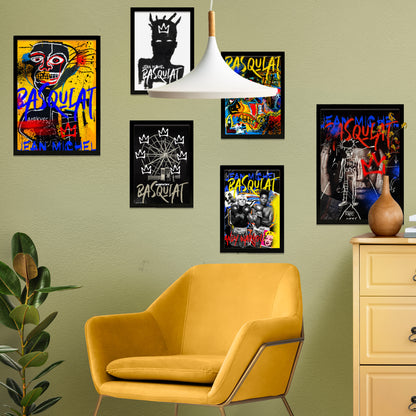 Set de 6 pósters icónicos de Basquiat estilo graffiti pop art con coronas, retratos y colores vibrantes para decorar hogar, oficina, estudio o tienda – 2 grandes y 4 medianos