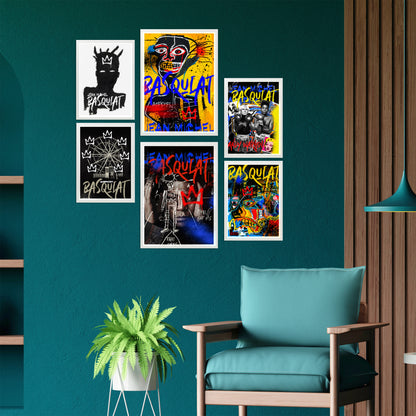 Set de 6 pósters icónicos de Basquiat estilo graffiti pop art con coronas, retratos y colores vibrantes para decorar hogar, oficina, estudio o tienda – 2 grandes y 4 medianos