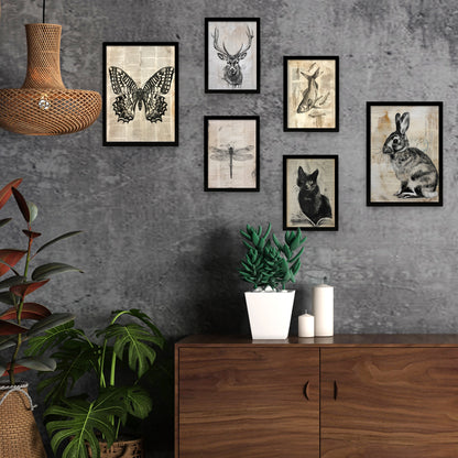 Animales Vintage: mariposa, ciervo, gato, pez, conejo, libélula - Láminas