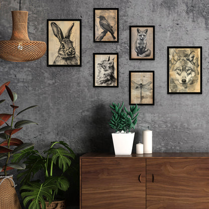 Animales Vintage - Láminas de Pájaro, Conejo, Libélula, Zorro, Lobo, Gato