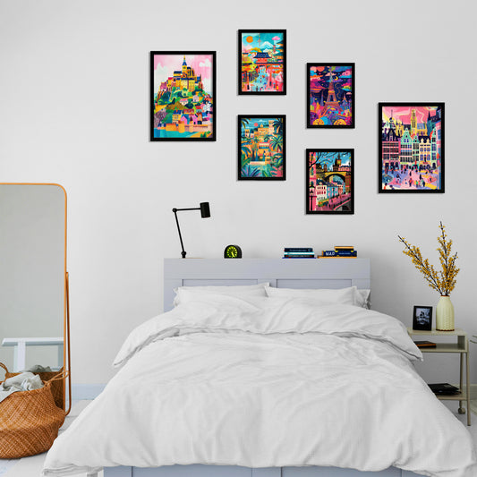 Monuments inspired by Mary Blair. Eiffel, Praga, Saint Michele, Alhambra, Belgium, Fushimi Inari