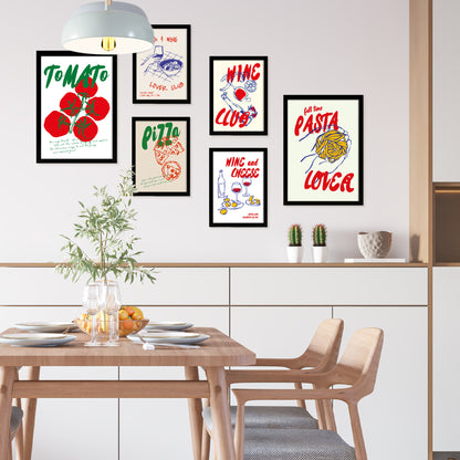Ilustraciones de alimentos y comida estilo pop art tomate pasta y pizza