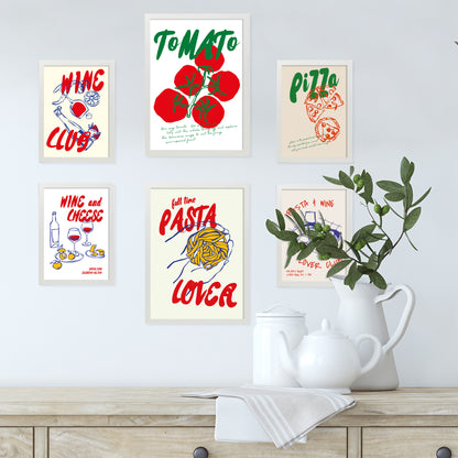 Ilustraciones de alimentos y comida estilo pop art tomate pasta y pizza