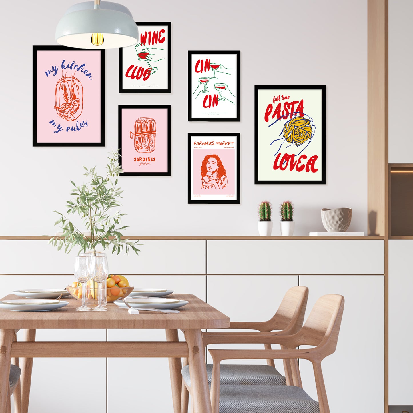 Ilustraciones de alimentos y comida estilo pop art tonos rosas