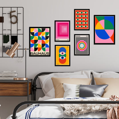 Set de 6 pósters Bauhaus con formas geométricas coloridas estilo moderno abstracto – ideal para salón, despacho, dormitorio o espacios creativos – círculos, ojos, líneas y bloques en rosa, rojo, azul, verde, amarillo, naranja