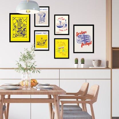 Ilustraciones de alimentos y comida estilo pop art amarillo