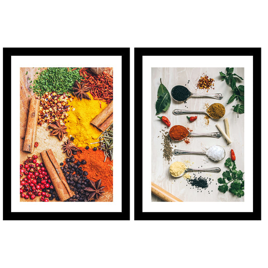 Set de 2 Cuadros Hierbas y Especias de Colores Condimento de Cocina en Cuchara Impresión de Póster Arte de Cocina Decoración Moderna para Cocina, Despensa, Comedor, Restaurante