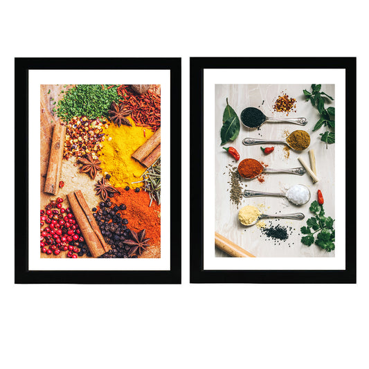Set de 2 Cuadros Hierbas y Especias de Colores Condimento de Cocina en Cuchara Impresión de Póster Arte de Cocina Decoración Moderna para Cocina, Despensa, Comedor, Restaurante