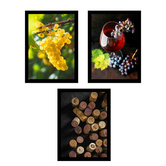 Set de 3 Cuadros de Uvas de Viñedo y Corcho Ilustración impresa en estilo Fotográfico para decorar Cocina, Despensa, Cortijo, Comedor, Restaurante