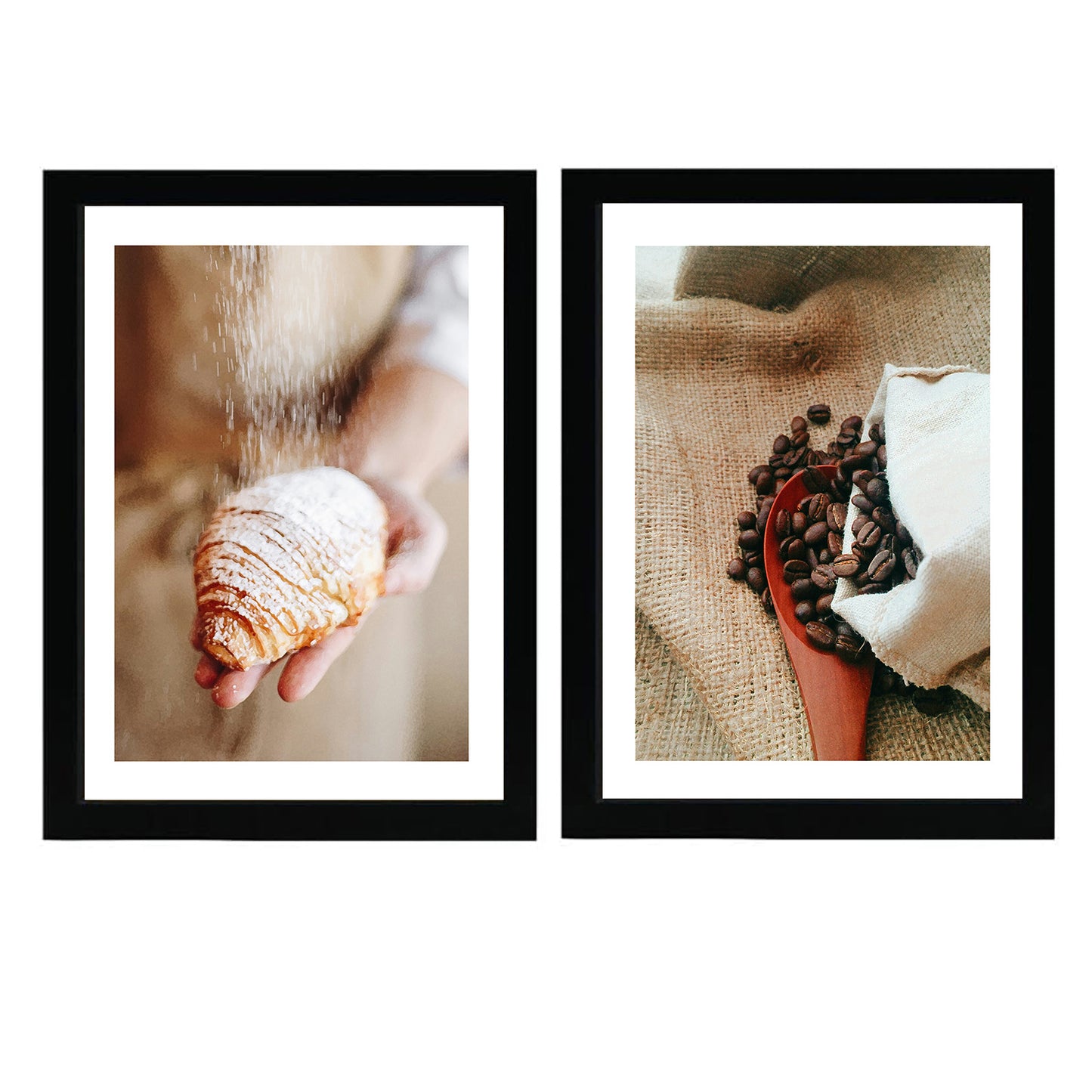 Set de 2 Cuadros Desayuno Croissant Café Ilustración impresa en estilo Fotográfico para decorar las paredes de Cocina, Panadería, Despensa, Comedor, Restaurante, Cafetería