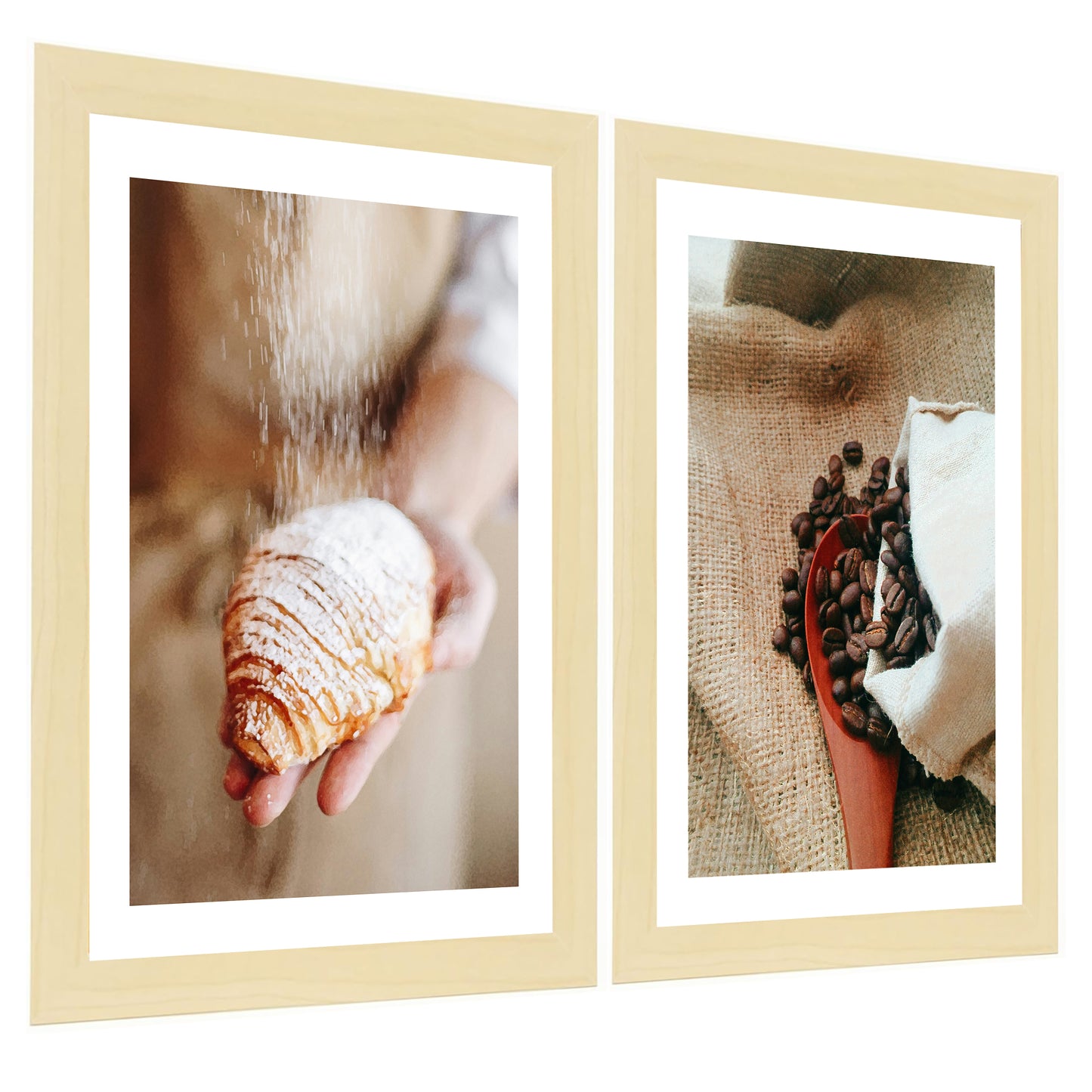 Set de 2 Cuadros Desayuno Croissant Café Ilustración impresa en estilo Fotográfico para decorar las paredes de Cocina, Panadería, Despensa, Comedor, Restaurante, Cafetería