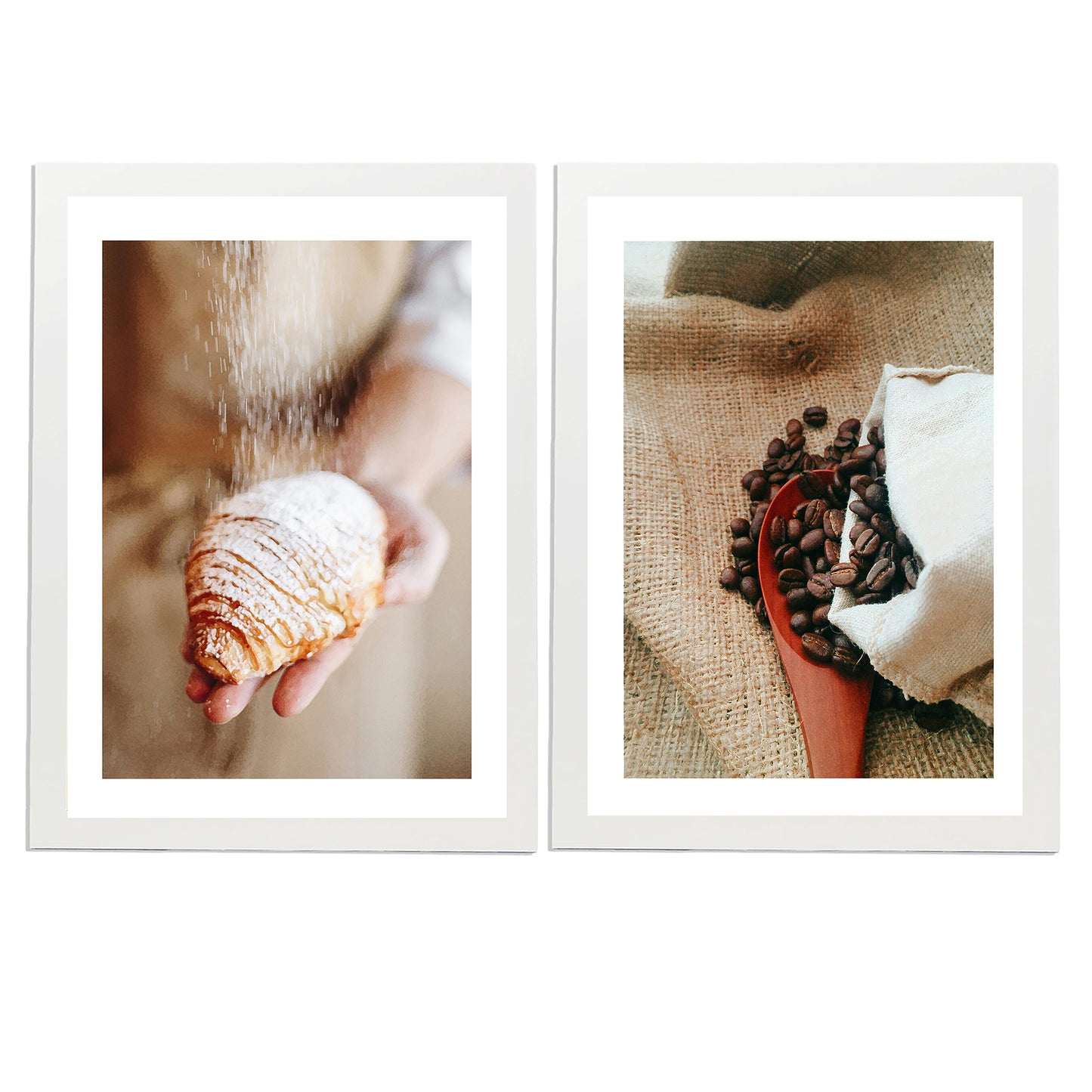 Set de 2 Cuadros Desayuno Croissant Café Ilustración impresa en estilo Fotográfico para decorar las paredes de Cocina, Panadería, Despensa, Comedor, Restaurante, Cafetería