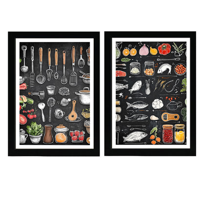 Set de 2 Cuadros Elementos de Cocina Ingredientes y Herramientas Poster Print ilustración para decorar las paredes de Cocina, Despensa, Comedor, Restaurante
