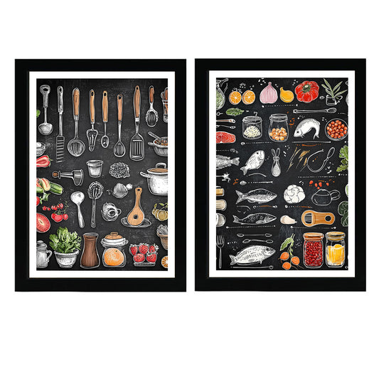 Set de 2 Cuadros Elementos de Cocina Ingredientes y Herramientas Poster Print ilustración para decorar las paredes de Cocina, Despensa, Comedor, Restaurante