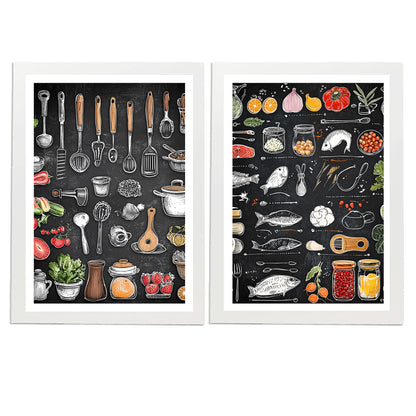 Set de 2 Cuadros Elementos de Cocina Ingredientes y Herramientas Poster Print ilustración para decorar las paredes de Cocina, Despensa, Comedor, Restaurante