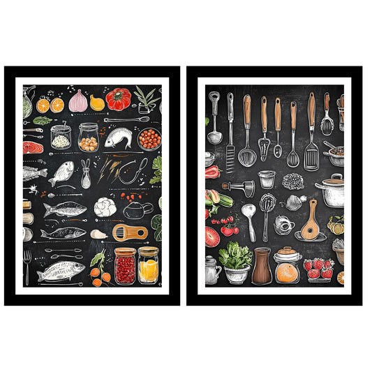 Set de 2 Cuadros Elementos de Cocina Ingredientes y Herramientas Poster Print ilustración para decorar las paredes de Cocina, Despensa, Comedor, Restaurante