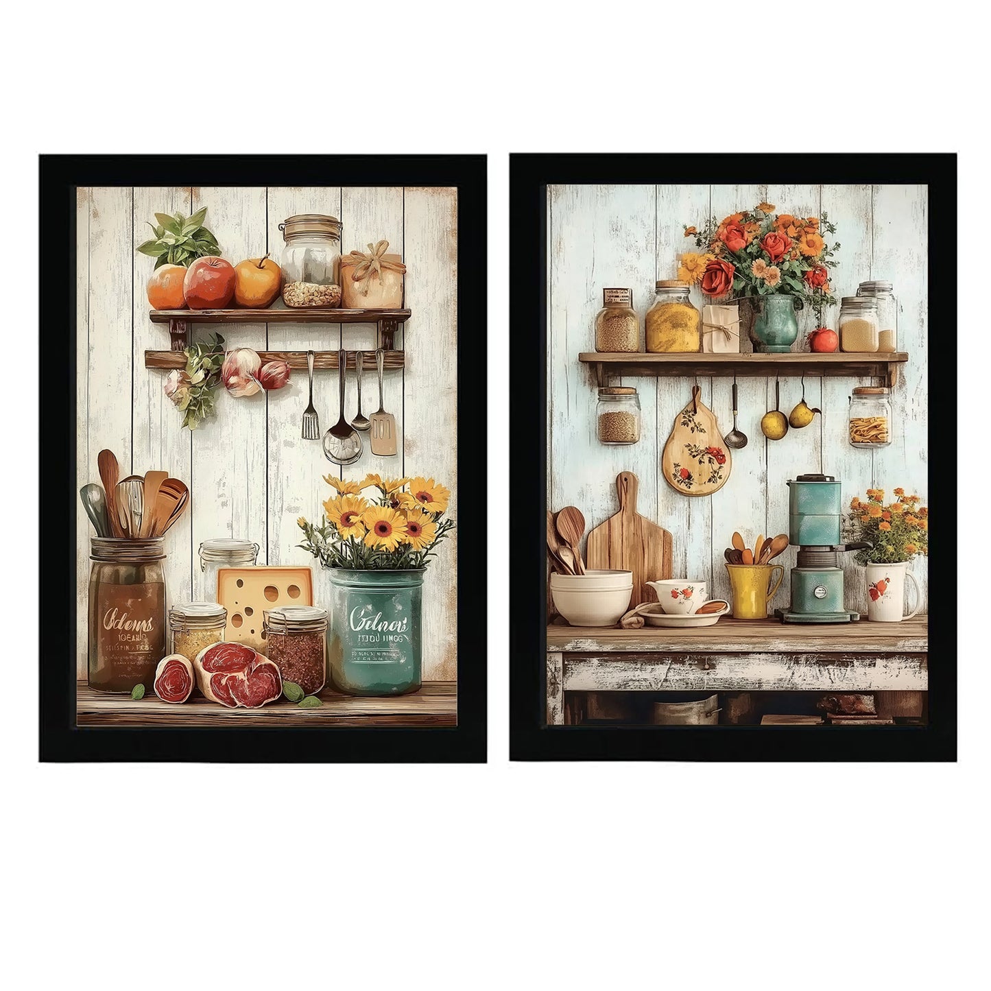 Set de 2 Cuadros de Cocina Rústica Impresión Ilustración en Estilo Campestre Arte de Pared para Decoración de Cocina, Despensa, Comedor, Restaurante