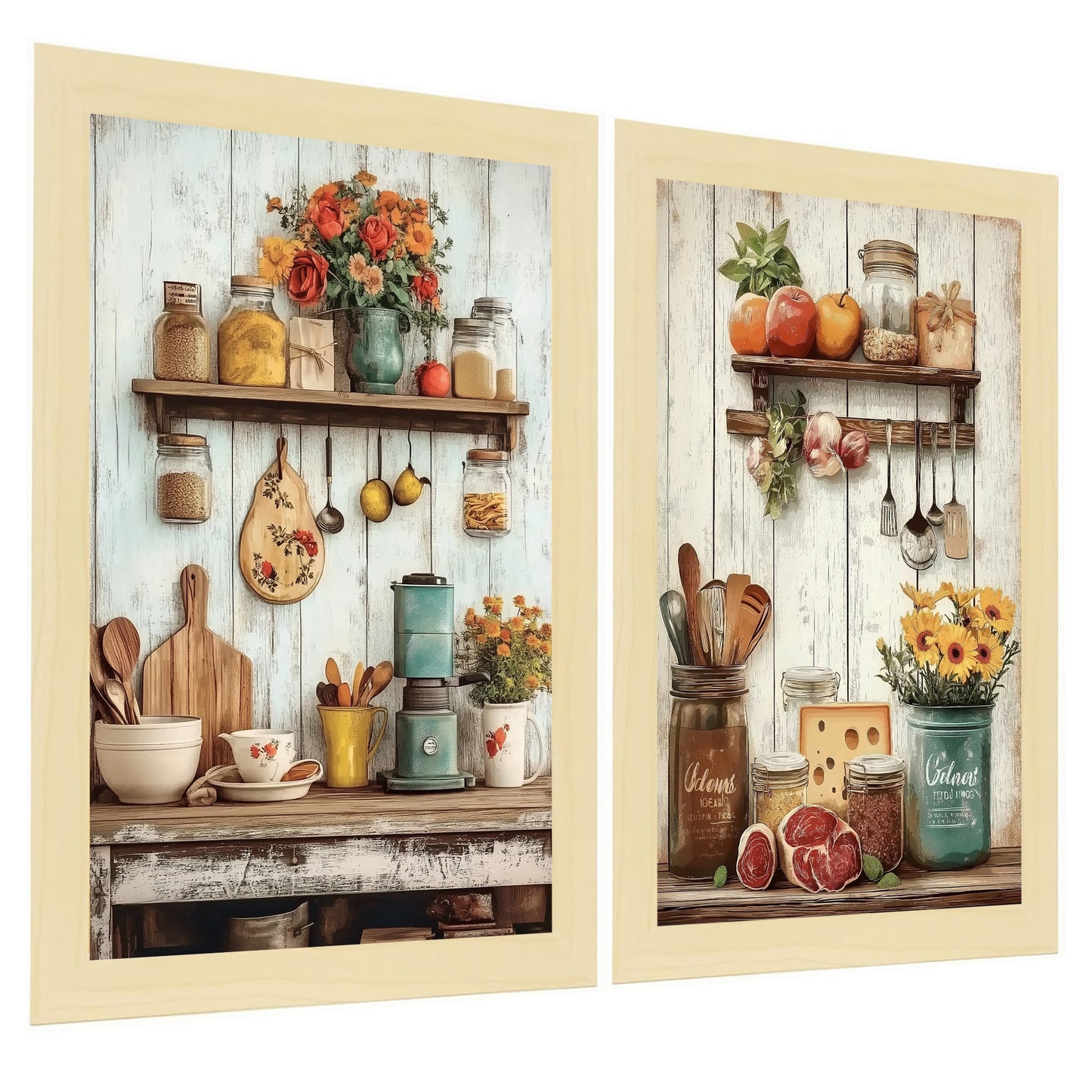 Set de 2 Cuadros de Cocina Rústica Impresión Ilustración en Estilo Campestre Arte de Pared para Decoración de Cocina, Despensa, Comedor, Restaurante