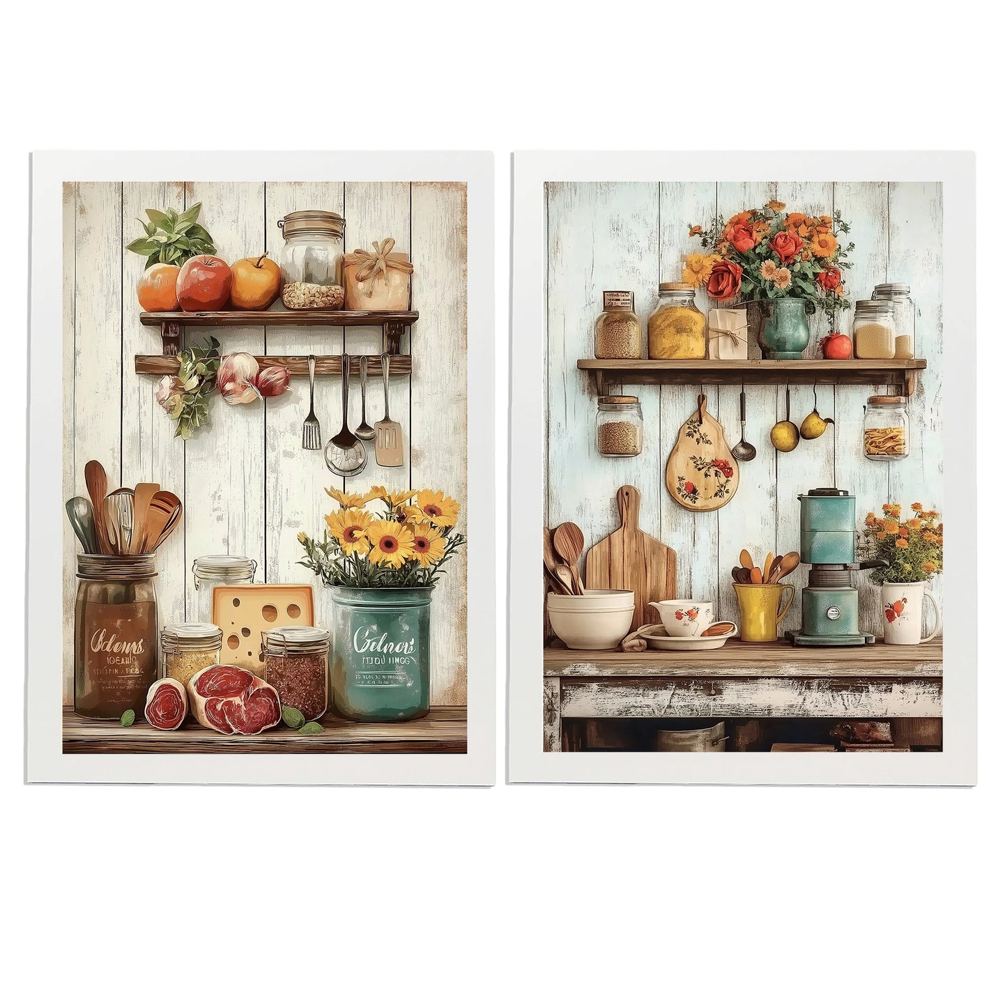 Set de 2 Cuadros de Cocina Rústica Impresión Ilustración en Estilo Campestre Arte de Pared para Decoración de Cocina, Despensa, Comedor, Restaurante