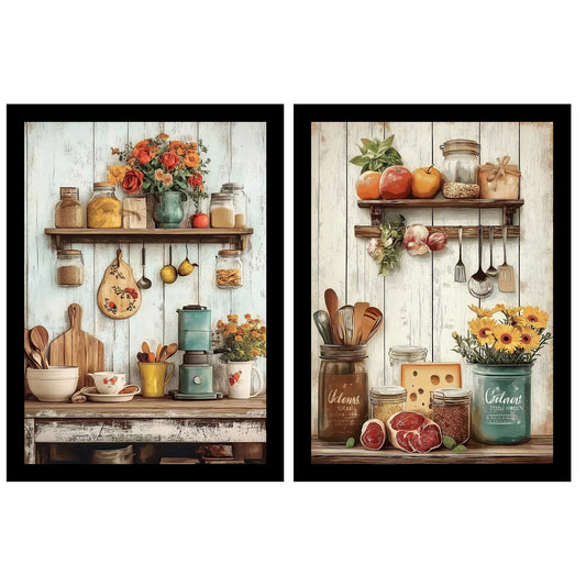 Set de 2 Cuadros de Cocina Rústica Impresión Ilustración en Estilo Campestre Arte de Pared para Decoración de Cocina, Despensa, Comedor, Restaurante