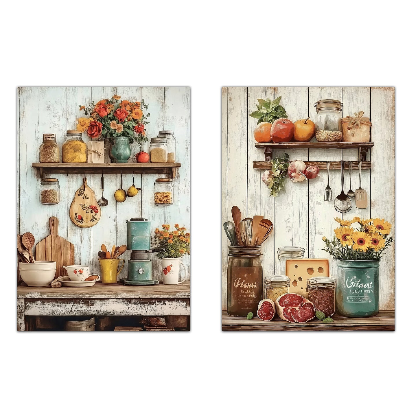 Set de 2 Cuadros de Cocina Rústica Impresión Ilustración en Estilo Campestre Arte de Pared para Decoración de Cocina, Despensa, Comedor, Restaurante