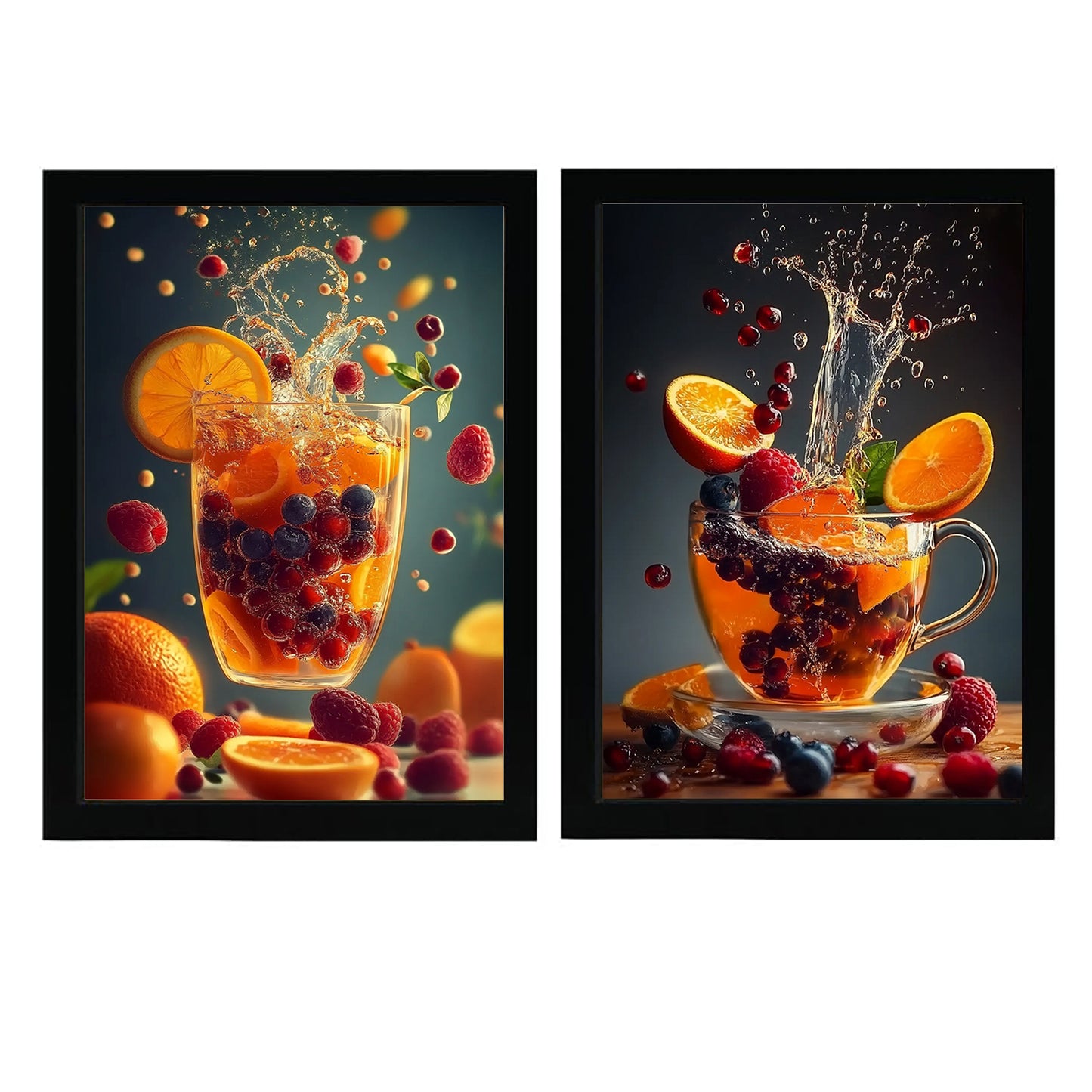 Set de 2 Cuadros de Colores con Té de Frutas Refrescantes Ilustración impresa en estilo Fotográfico para decorar las paredes de Cocina, Despensa, Comedor, Restaurante