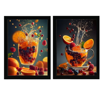 Set de 2 Cuadros de Colores con Té de Frutas Refrescantes Ilustración impresa en estilo Fotográfico para decorar las paredes de Cocina, Despensa, Comedor, Restaurante
