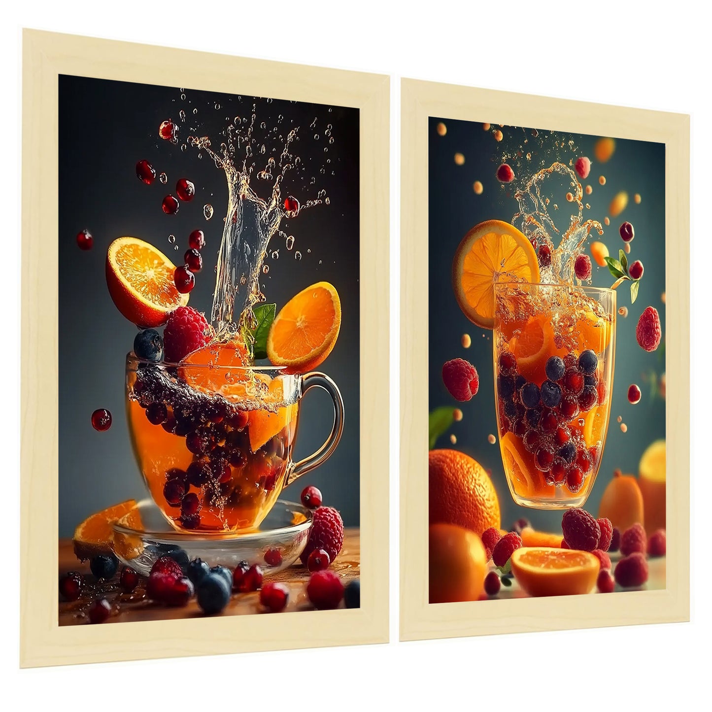 Set de 2 Cuadros de Colores con Té de Frutas Refrescantes Ilustración impresa en estilo Fotográfico para decorar las paredes de Cocina, Despensa, Comedor, Restaurante