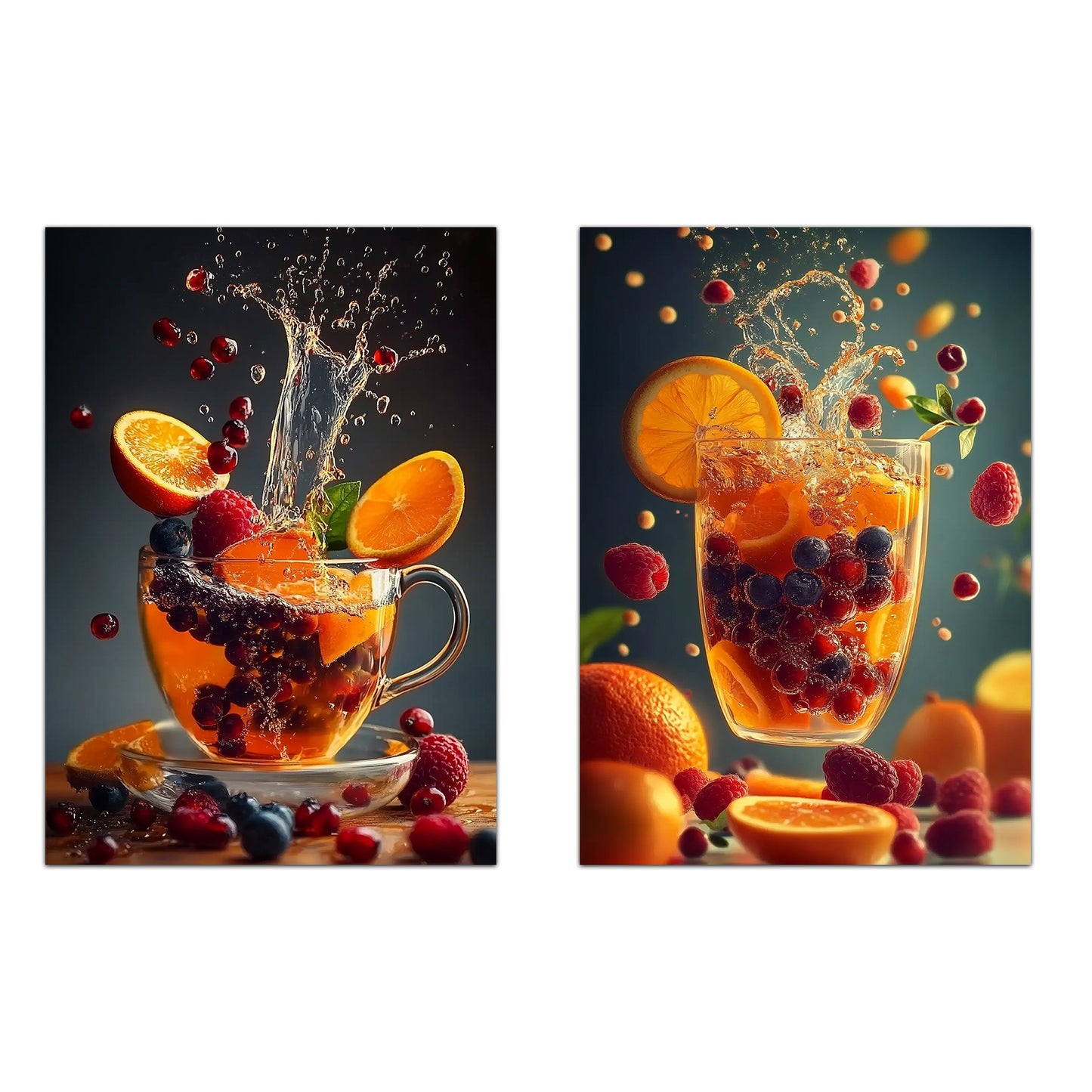 Set de 2 Cuadros de Colores con Té de Frutas Refrescantes Ilustración impresa en estilo Fotográfico para decorar las paredes de Cocina, Despensa, Comedor, Restaurante