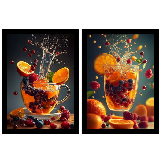 Set de 2 Cuadros de Colores con Té de Frutas Refrescantes Ilustración impresa en estilo Fotográfico para decorar las paredes de Cocina, Despensa, Comedor, Restaurante