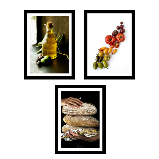Set de 3 Cuadros de Cocina Mediterránea, Pan, Aceite de Oliva, Verduras Ilustración impresa en estilo Fotográfico para decorar Cocina, Despensa, Comedor, Restaurante, Cafetería