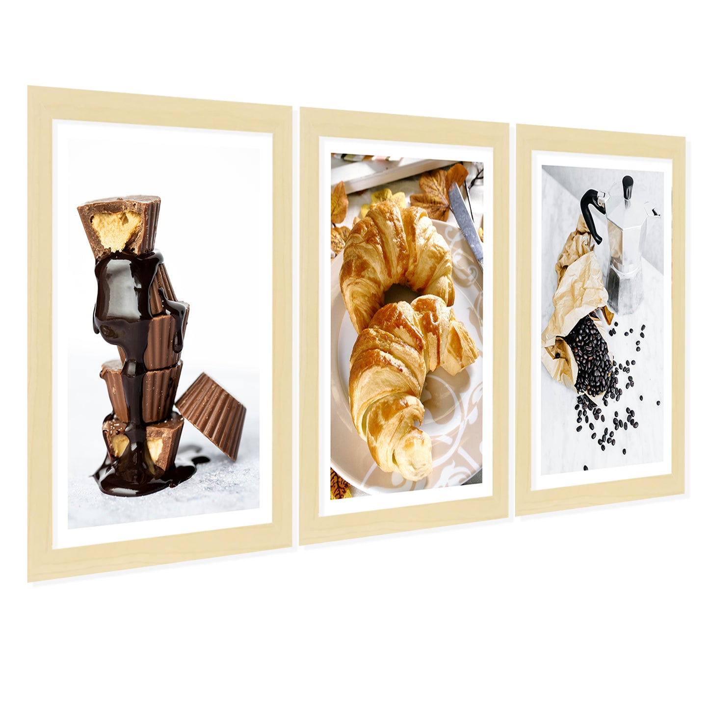 Set de 3 Cuadros Desayuno Mañana Café, Muffins, Croissant Ilustración impresa en estilo Fotográfico para decorar las paredes de Cocina, Despensa, Comedor, Restaurante