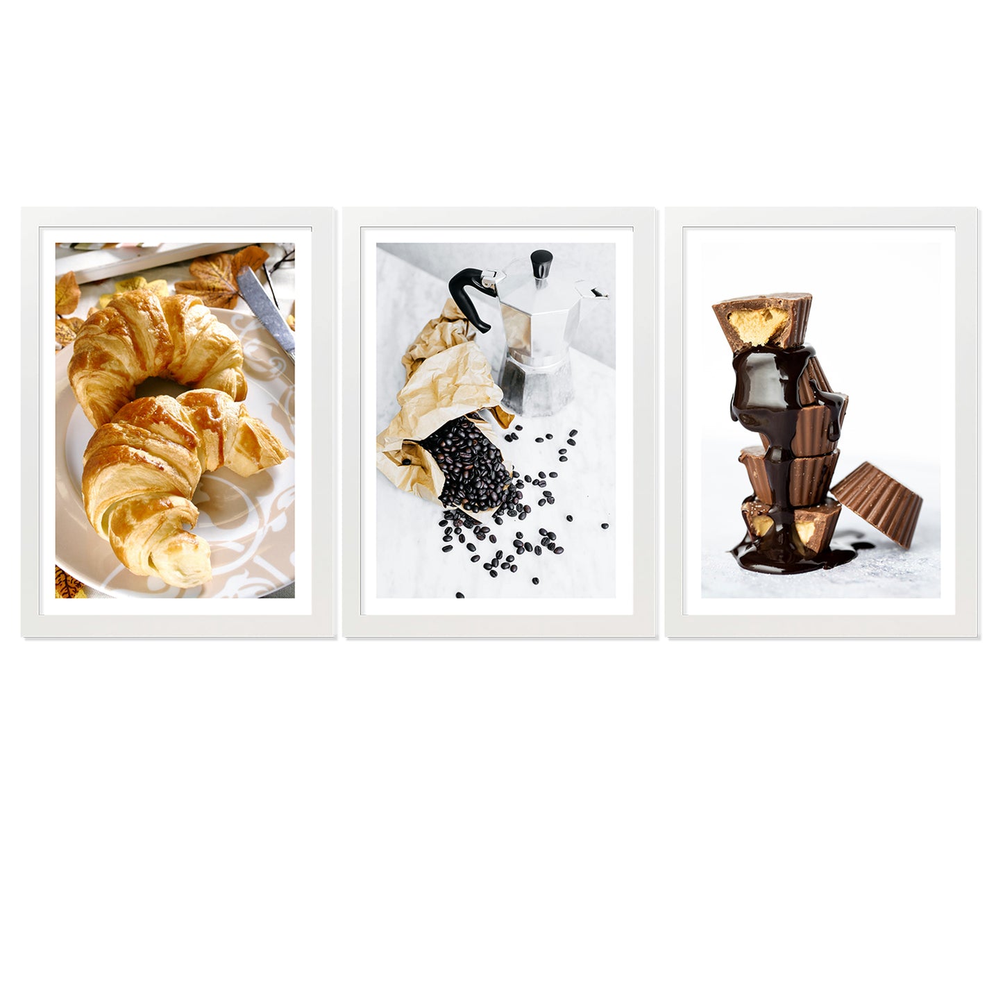 Set de 3 Cuadros Desayuno Mañana Café, Muffins, Croissant Ilustración impresa en estilo Fotográfico para decorar las paredes de Cocina, Despensa, Comedor, Restaurante