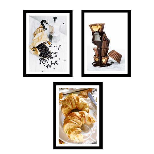 Set de 3 Cuadros Desayuno Mañana Café, Muffins, Croissant Ilustración impresa en estilo Fotográfico para decorar las paredes de Cocina, Despensa, Comedor, Restaurante