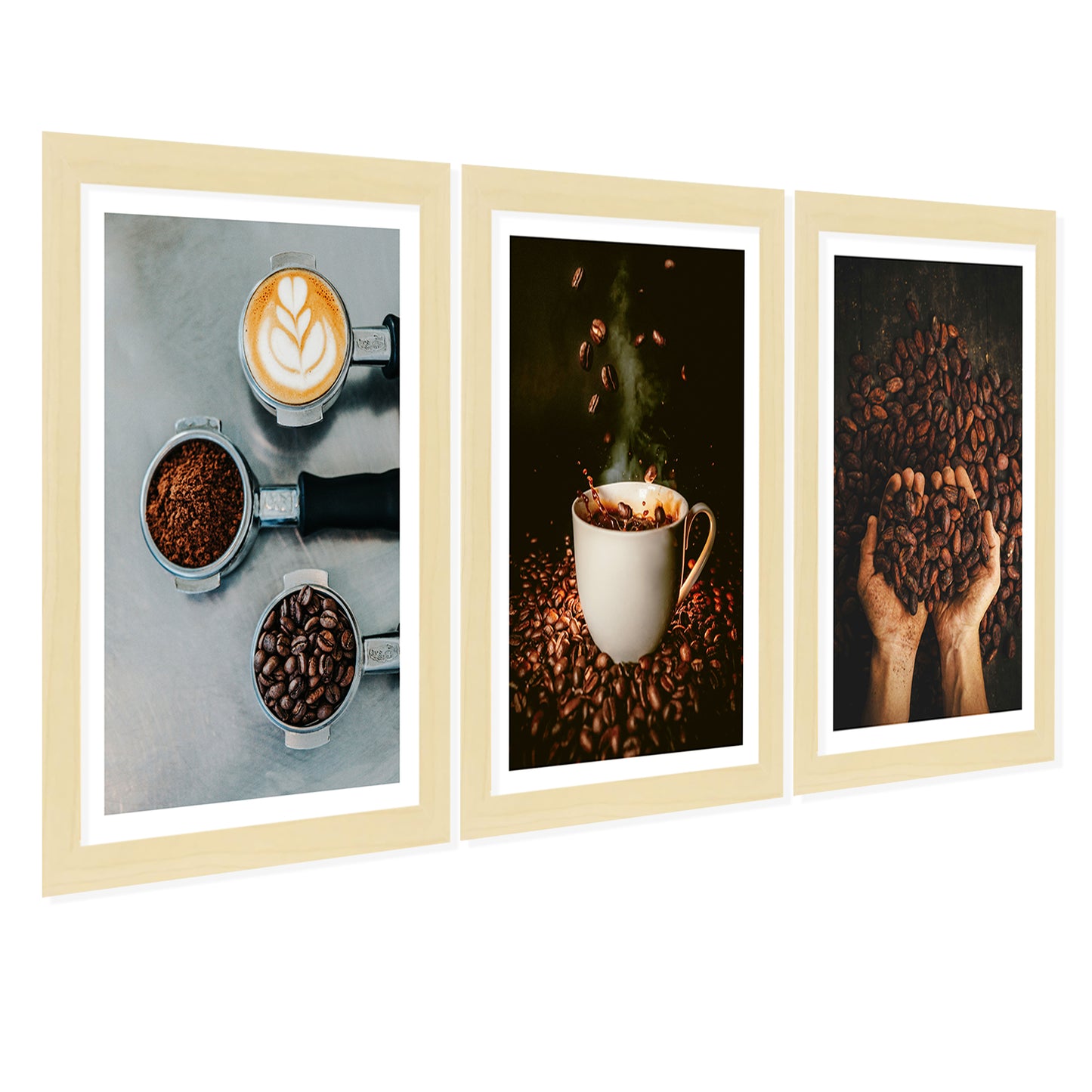 Set de 3 Cuadros de Café Tostado Ilustración impresa en estilo Fotográfico para decorar las paredes de Cocina, Despensa, Comedor, Restaurante, Cafetería