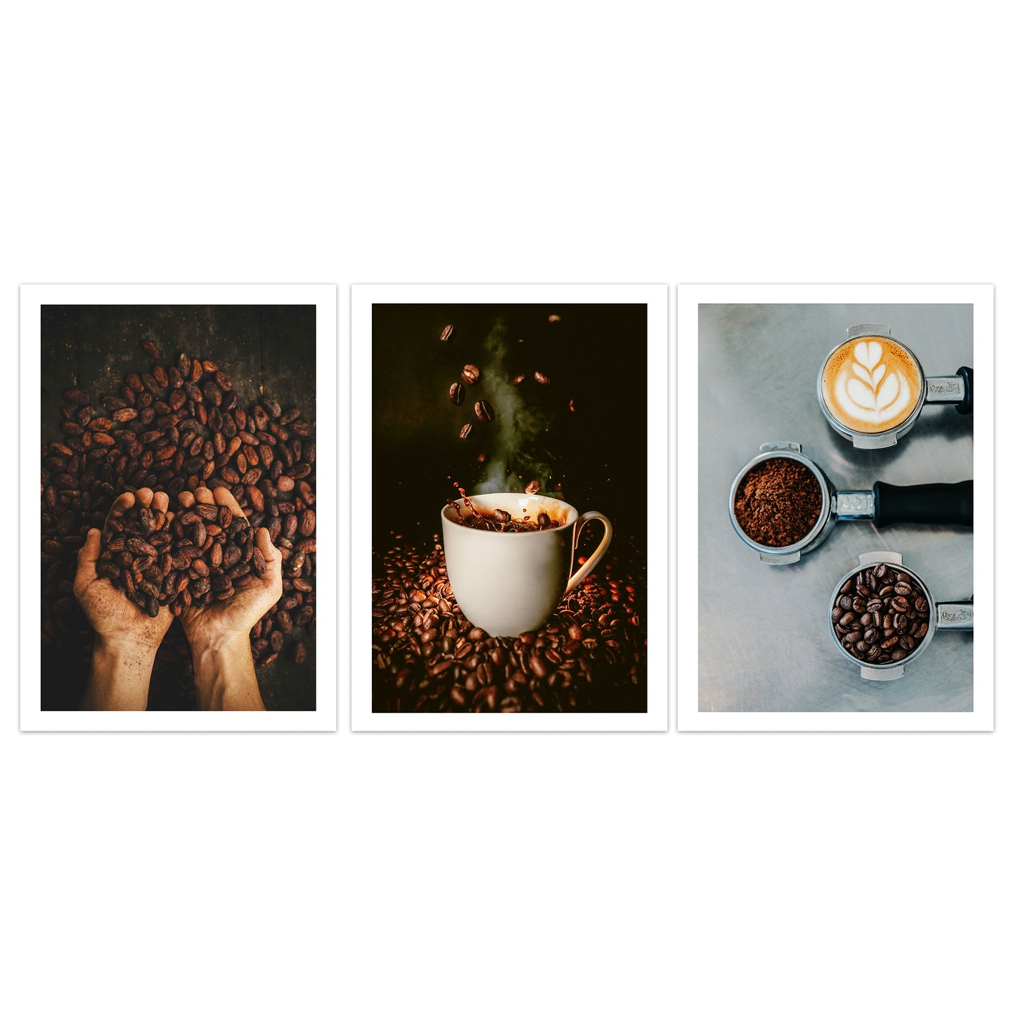 Set de 3 Cuadros de Café Tostado Ilustración impresa en estilo Fotográfico para decorar las paredes de Cocina, Despensa, Comedor, Restaurante, Cafetería