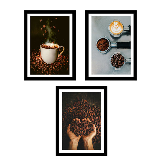 Set de 3 Cuadros de Café Tostado Ilustración impresa en estilo Fotográfico para decorar las paredes de Cocina, Despensa, Comedor, Restaurante, Cafetería