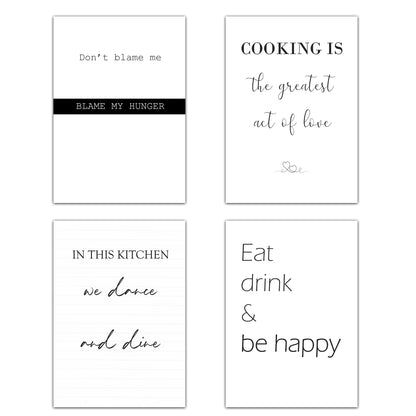 Set de 4 Cuadros Frases de Cocina Mensajes Póster Impresión Ilustración Letreros en Blanco y Negro Estilo moderno para decorar Cocina, Despensa, Comedor, Restaurante