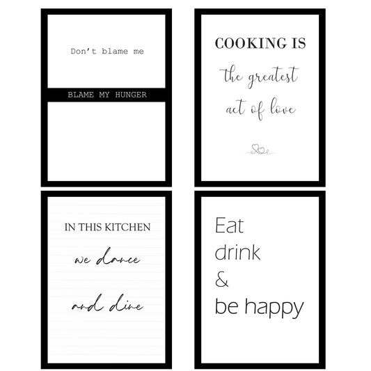 Set de 4 Cuadros Frases de Cocina Mensajes Póster Impresión Ilustración Letreros en Blanco y Negro Estilo moderno para decorar Cocina, Despensa, Comedor, Restaurante