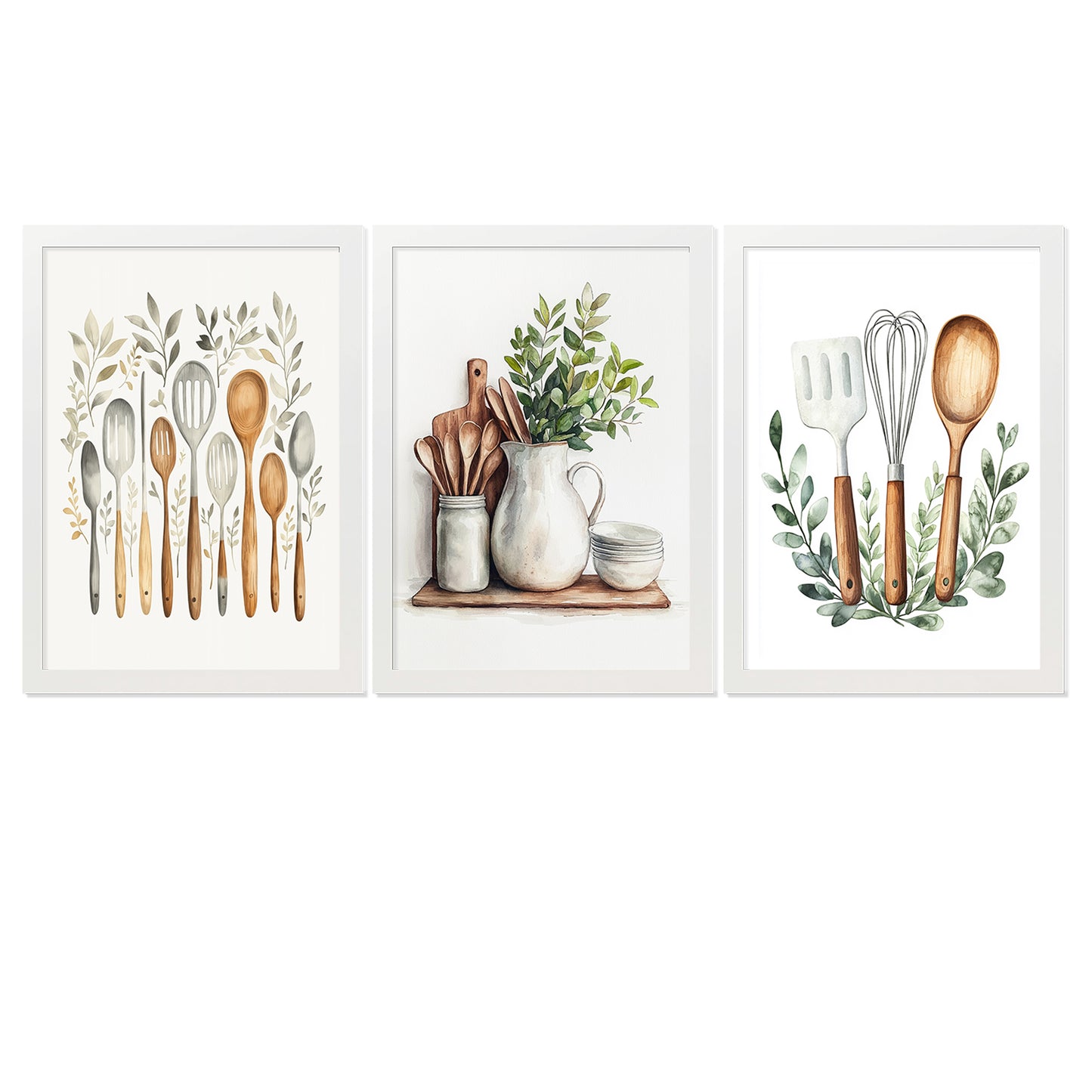 Set de 3 Cuadros Utensilios y herramientas de Cocina Póster en Acuarela con Ilustración impresa para decorar las paredes de la Cocina, Despensa, Comedor, Restaurante