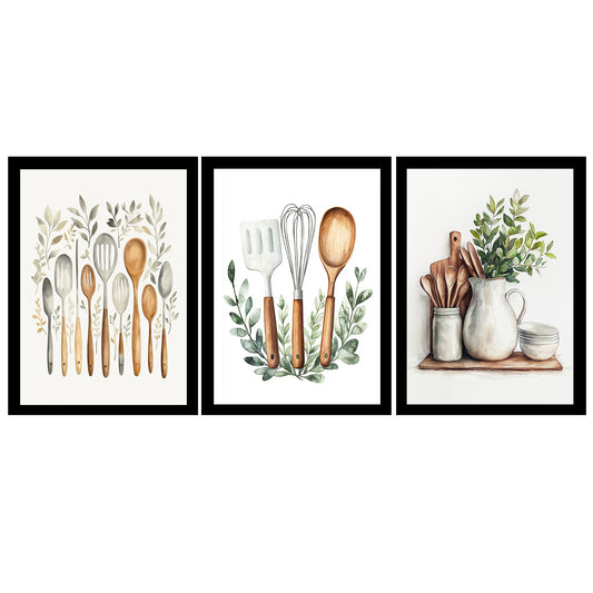 Set de 3 Cuadros Utensilios y herramientas de Cocina Póster en Acuarela con Ilustración impresa para decorar las paredes de la Cocina, Despensa, Comedor, Restaurante