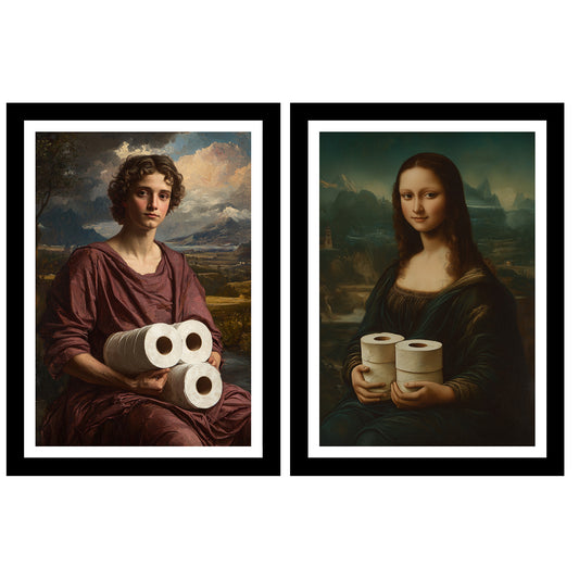 Set de 2 Cuadros Clásicos de Mona Lisa con Papel Higiénico Ilustración Divertida en Estilo Vintage para Decorar, Arte de Pared para Inodoro, Baño, Aseo, WC