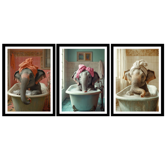 Set de 3 Cuadros de Bebé Elefante Bañandose con Lindos Animales Coloridos, Ilustración para Decorar, Wallart para Inodoro, Ducha, Baño, Aseo, WC