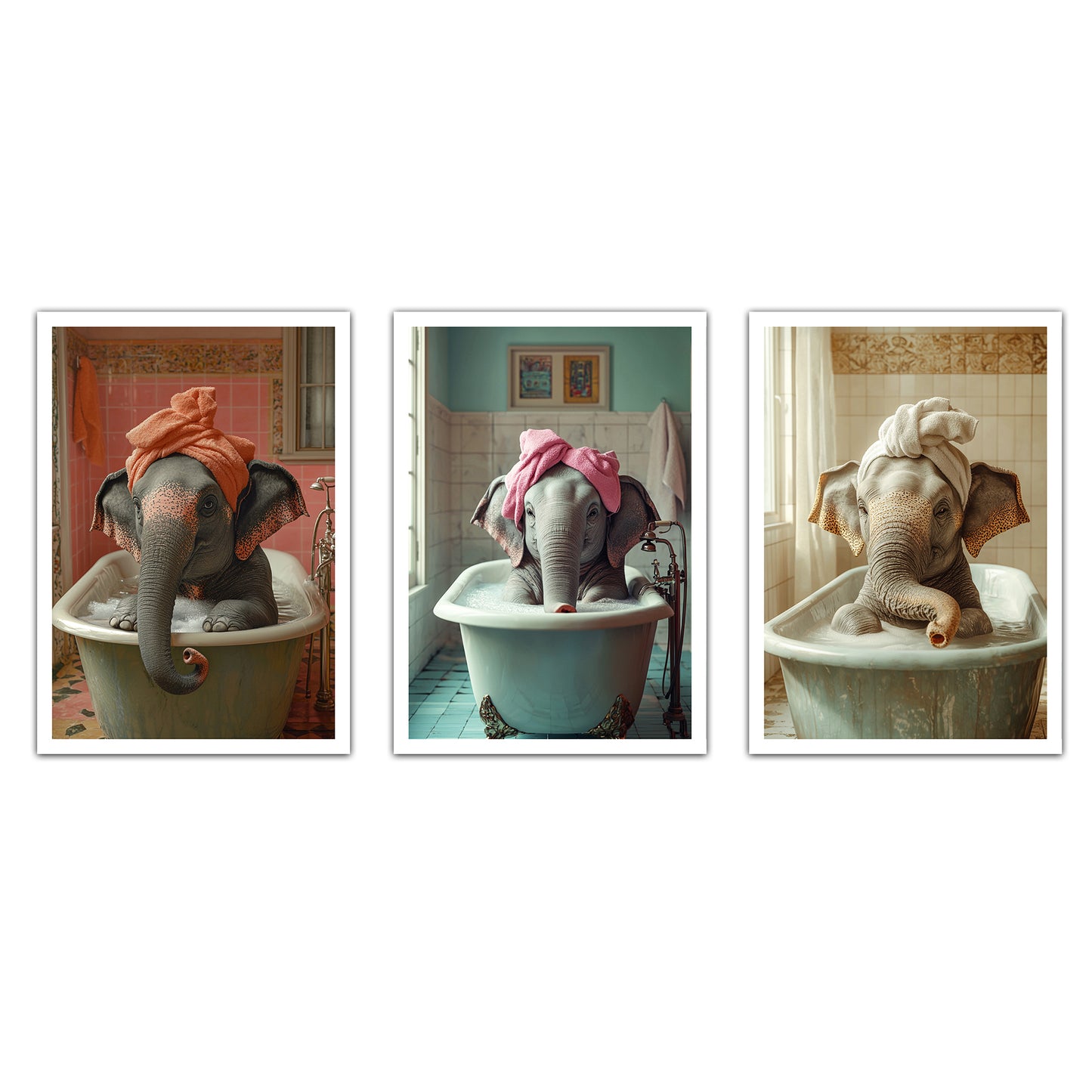 Set de 3 Cuadros de Bebé Elefante Bañandose con Lindos Animales Coloridos, Ilustración para Decorar, Wallart para Inodoro, Ducha, Baño, Aseo, WC