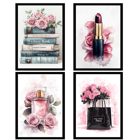 Set de 4 Pósteres de Maquillaje y Cosmética Impresión Belleza Flores, Bolso, Perfume, Lápiz Labial ilustración para decorar las paredes del Inodoro, Tocador, Baño, Vestidor, Salón