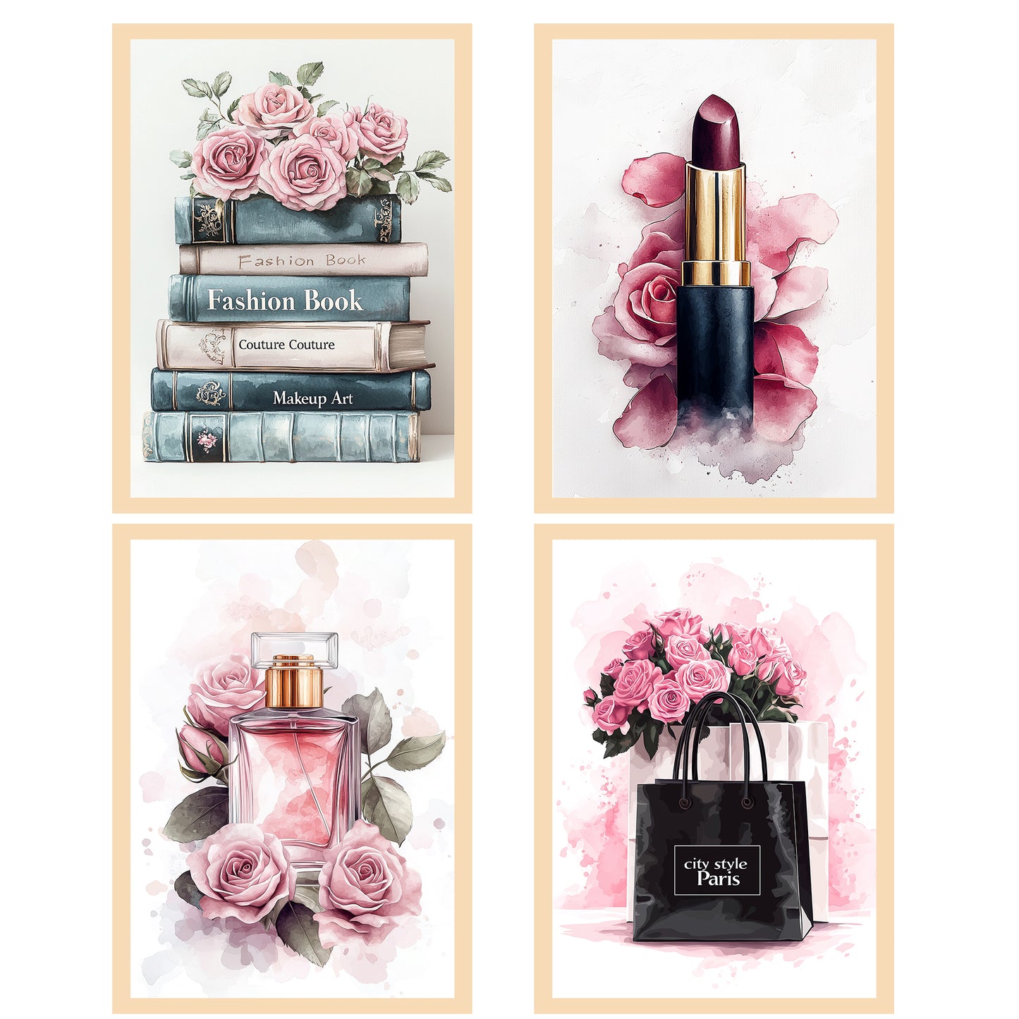 Set de 4 Pósteres de Maquillaje y Cosmética Impresión Belleza Flores, Bolso, Perfume, Lápiz Labial ilustración para decorar las paredes del Inodoro, Tocador, Baño, Vestidor, Salón
